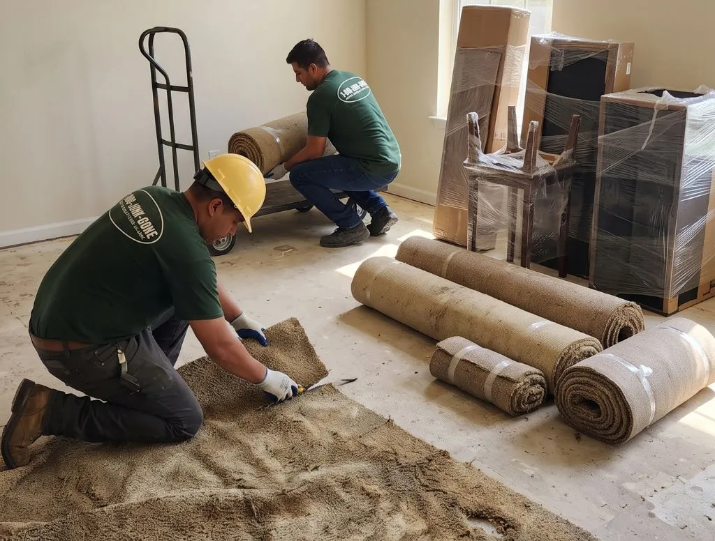 Two junk removal professionals in green shirts pulling up old, damaged carpet and rolling it up for proper disposal and recycling in New Jersey.