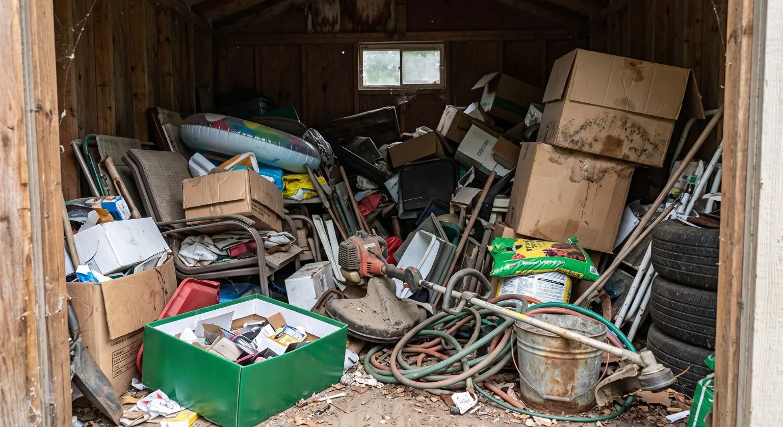 A view inside a heavily cluttered wooden storage shed filled with cardboard boxes, a string trimmer, tires, and miscellaneous items, featuring a 1-800-Junk-Gone box in the foreground.