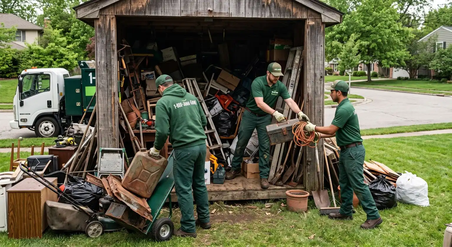 1-800-JUNK-GONE team clearing out a cluttered backyard wooden shed.