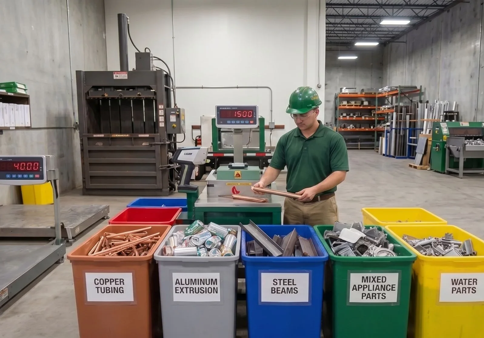 A worker in a green uniform and safety helmet inspecting copper tubing next to organized recycling bins for aluminum, steel, and appliances inside a New Jersey metal recycling facility.